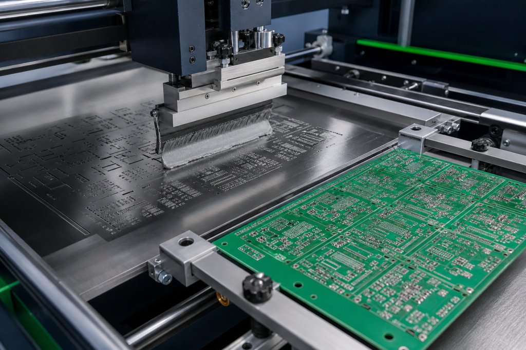 Solder paste printing process on a PCB assembly line
